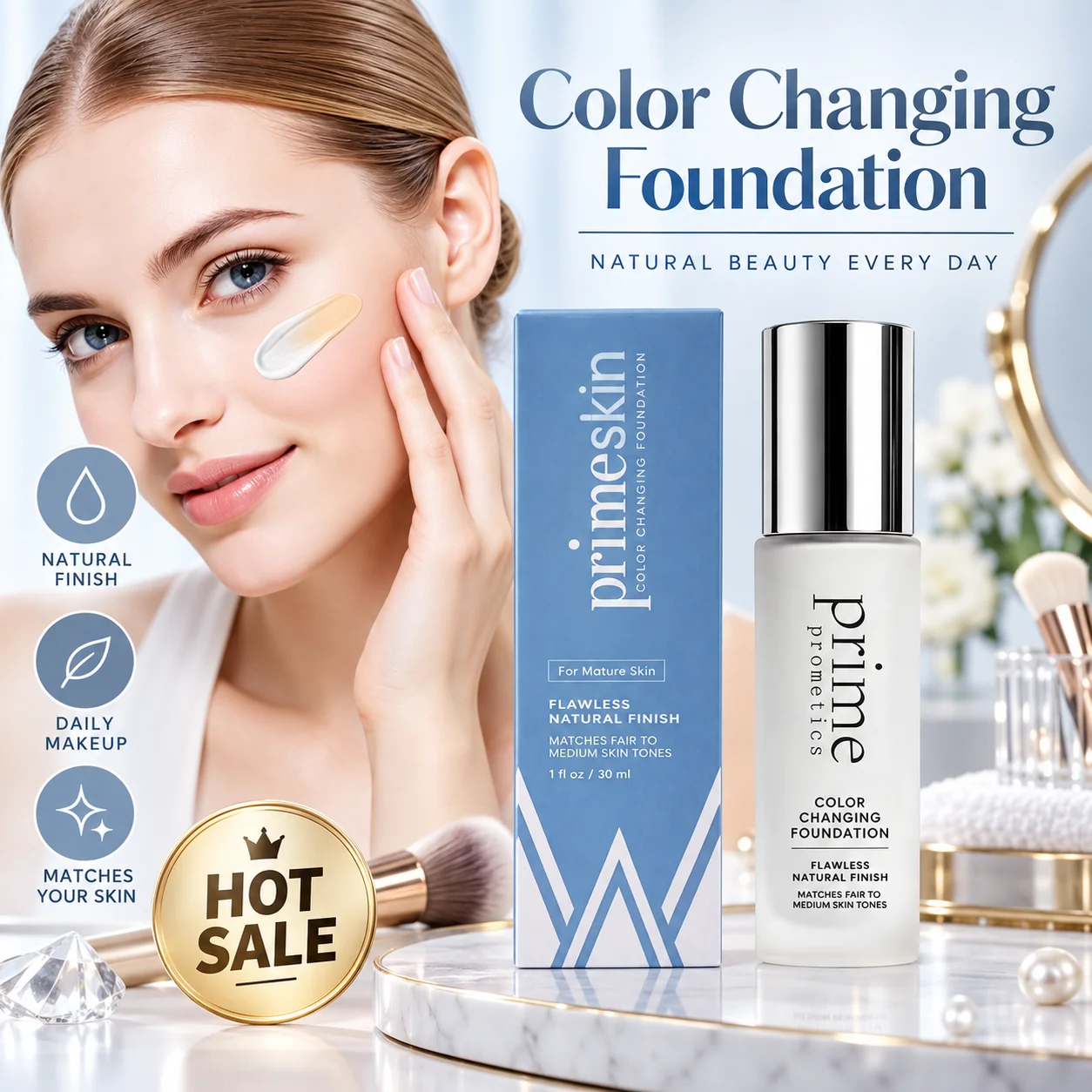 Foundation Makeup 30ml Color Changing Liquid with Temperature Adaptive Tone and Natural Finish for Fair to Medium Mature Skin