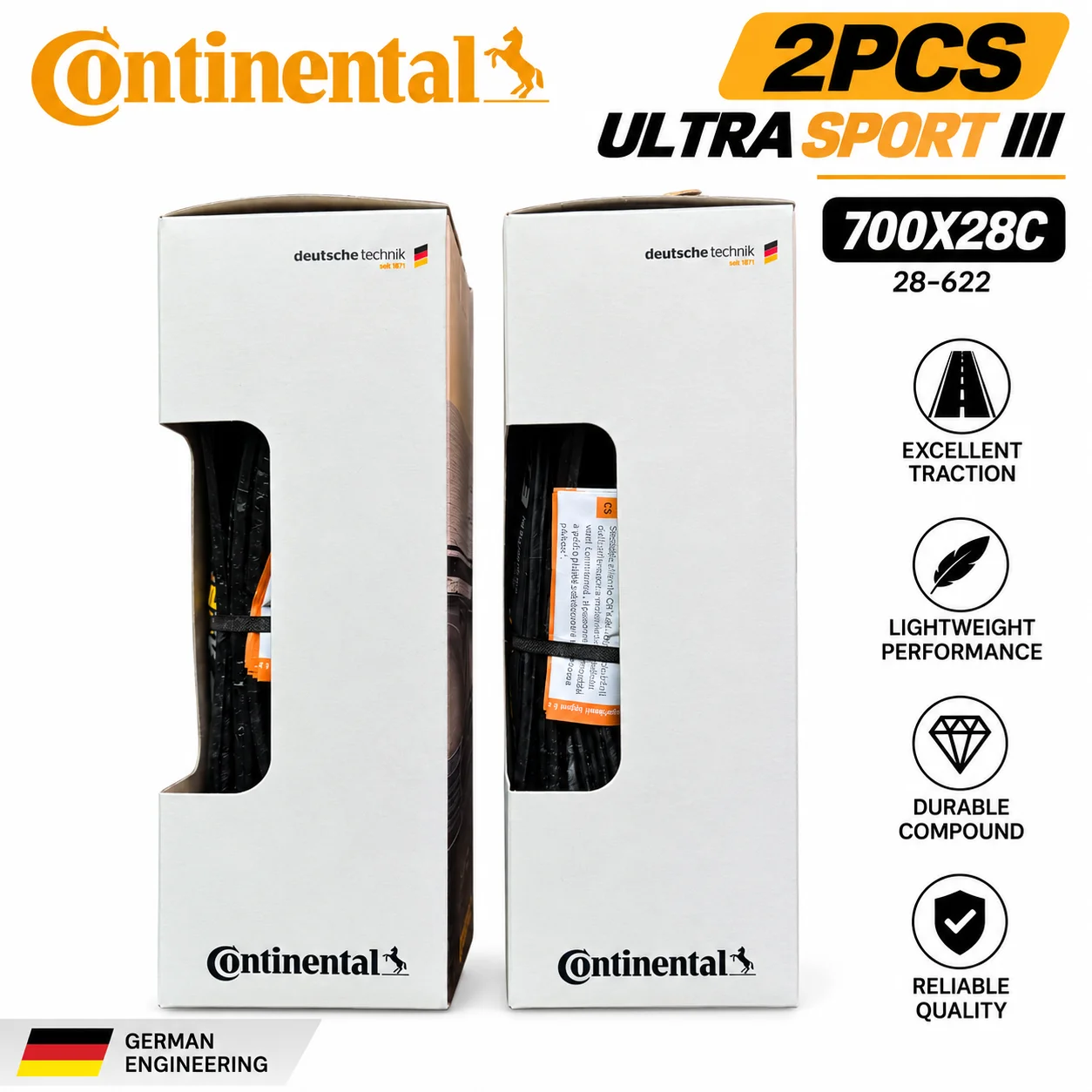 2 Stück Continental Ultra Sport III 700x23/25/28c Schwarzer Faltbarer PureGrip 3 Rennrad-Reifen Faltreifen – Detail 13