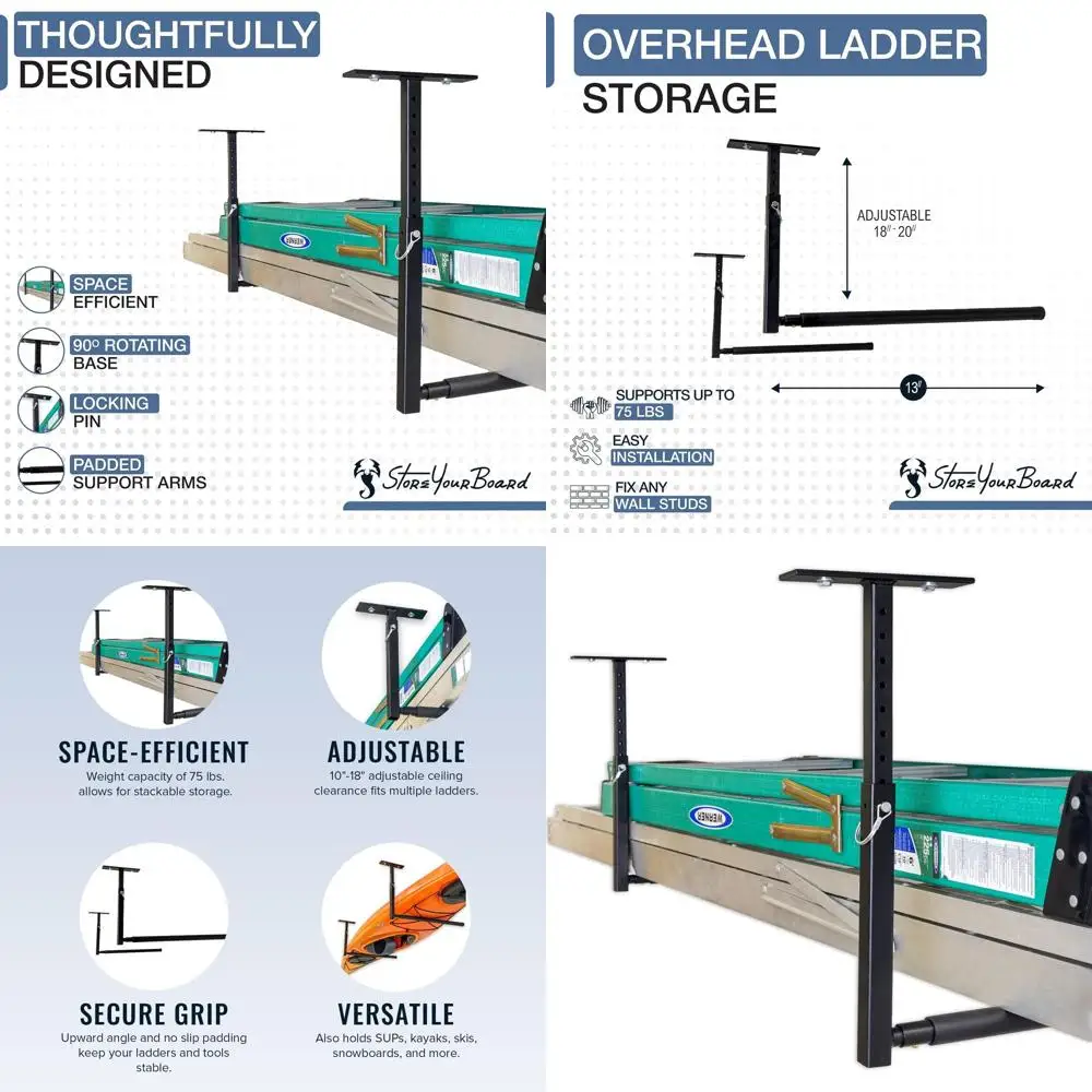 

Ceiling-Mounted Garage Ladder Rack Organizer for Step and Extension Ladders - Holds 75 lbs