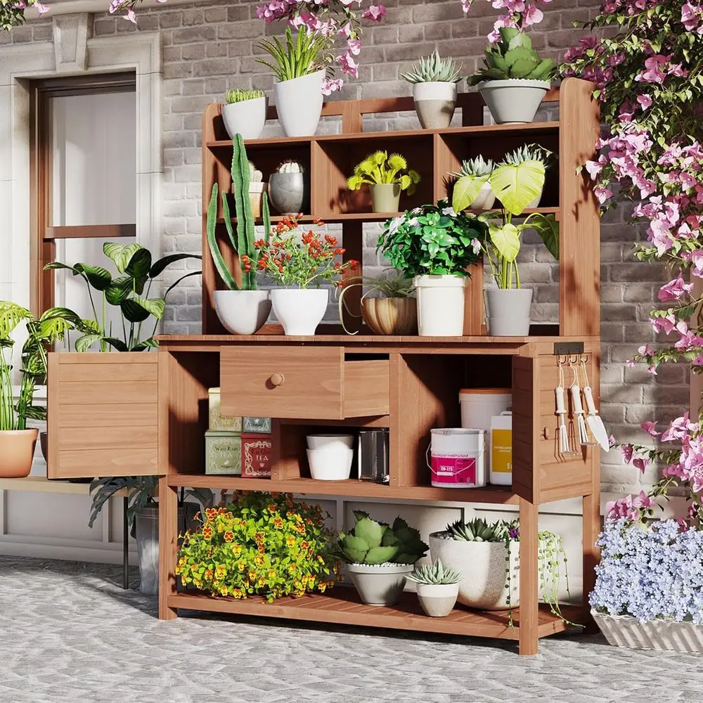 Banc d'empotage de patio élégant en bois avec clapier, tiroir et étagères réglables pour le jardinage extérieur (marron)