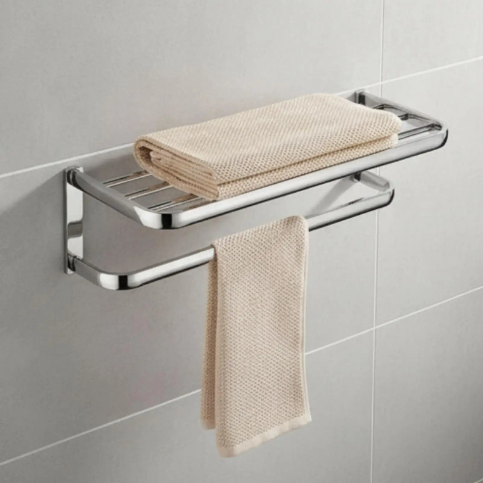 Modern Chrome Towel Rack Bathroom Fixture Shelf Wall Mount Organizer Double Bar for Towels Damp Linen Storage