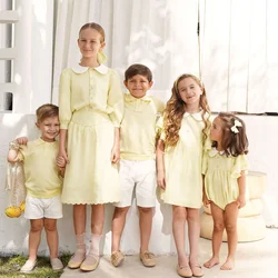 AP Buttercup Collection 2025SS Mädchenkleid, elegantes 2-teiliges Set für Kinder, süßer Baby-Strampler, gestricktes Polo, Jungen-Blazer-Shorts