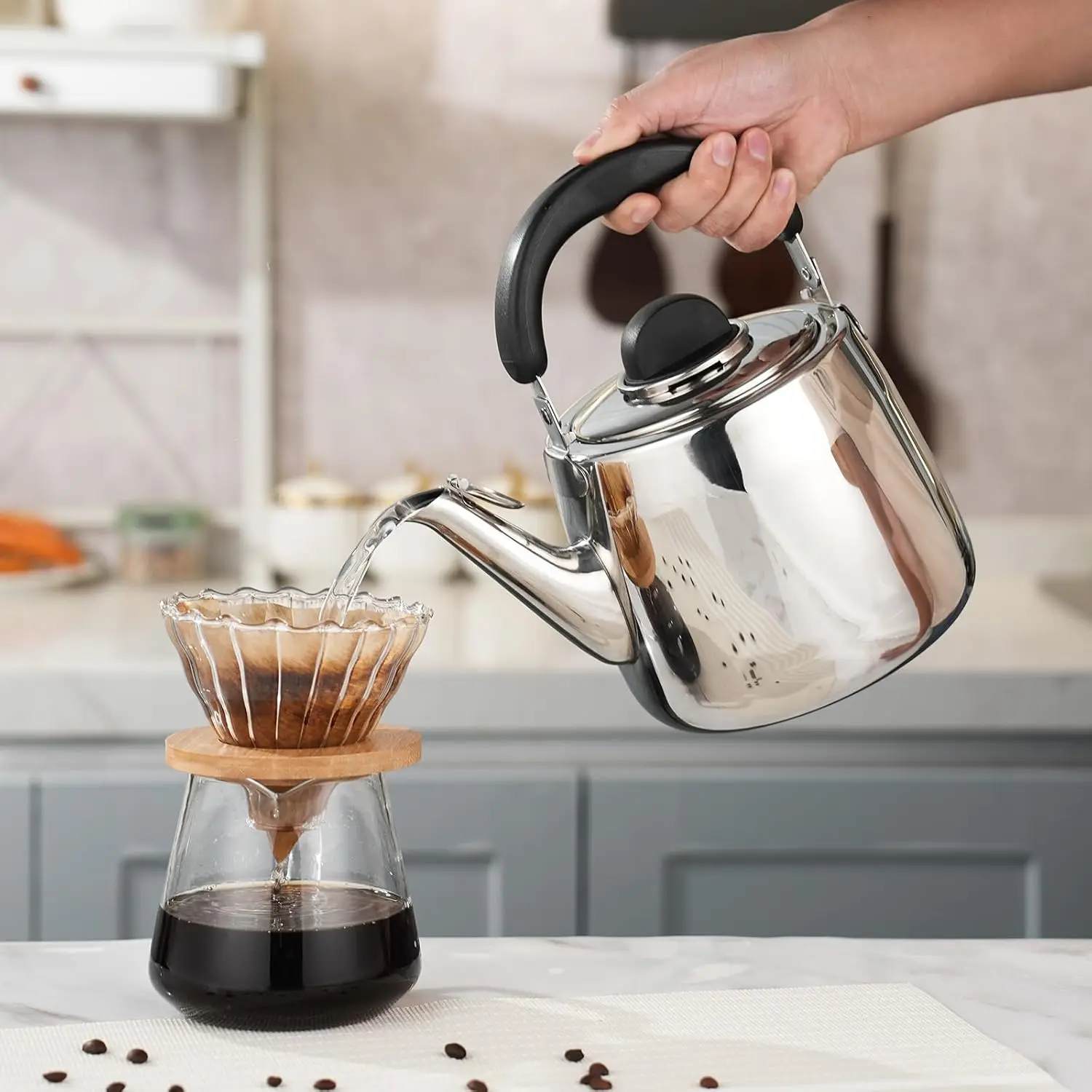 กาต้มน้ำชา, กาต้มน้ำชาแบบมีเสียงหวีดสำหรับเตา, กาต้มน้ำชาสแตนเลสขนาด 2 ควอร์ต, กาต้มน้ำชาแบบเหนี่ยวนำสำหรับเตา (1.9 ลิตร, สีเงิน)