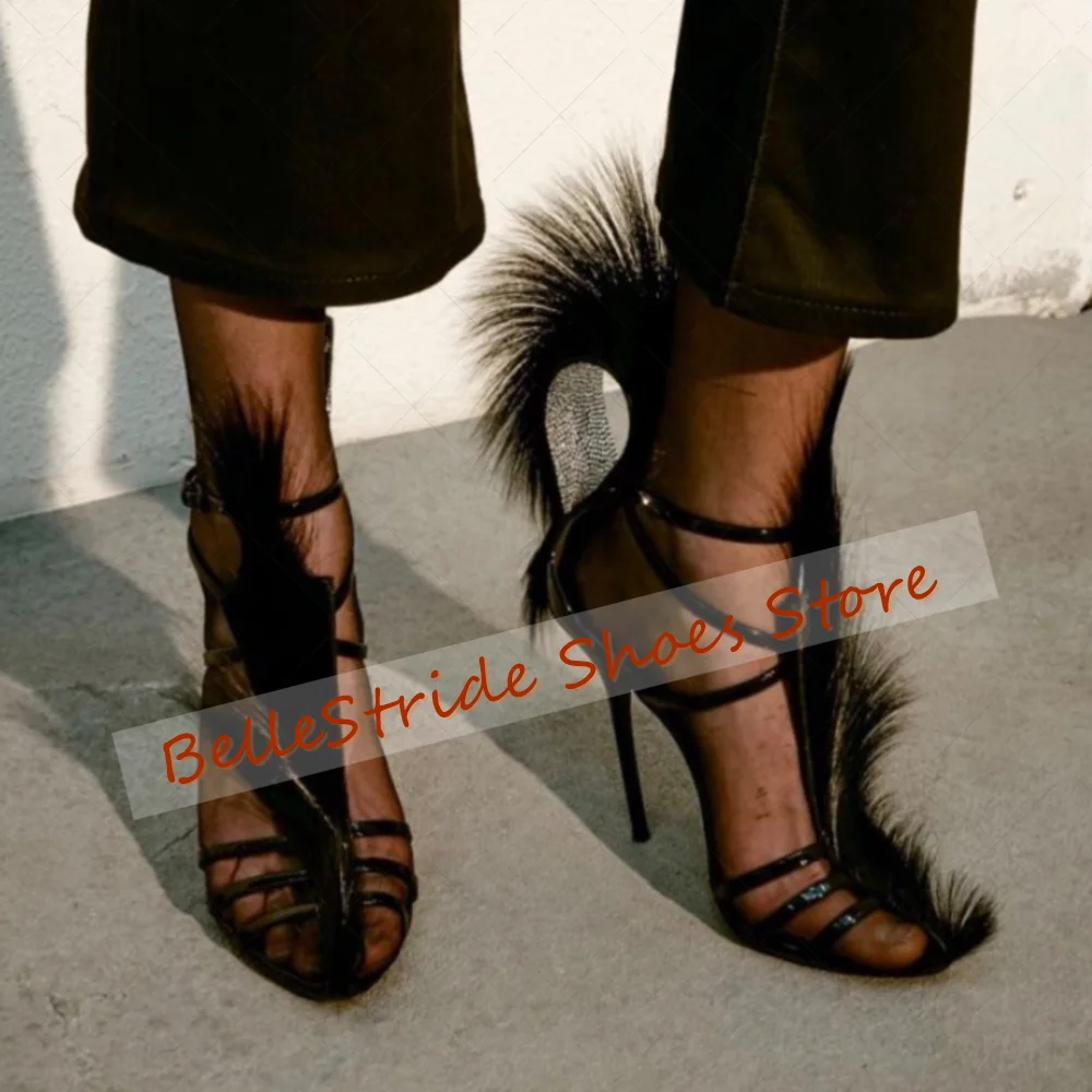 

Black Round Toe Fur Decor Sandals Hollow Out Sexy Women Shoes Stilettos High Heels Party Banquet Dating 2025 Zapatos Para Mujere