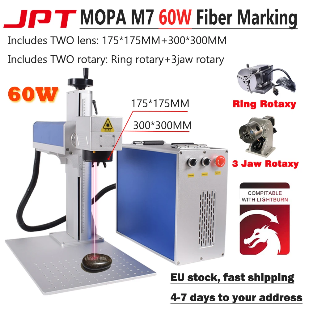 [US STOCK] JPT M7 MOPA 60W Fiber Laser Marking Machine 175*175mm+300*300mm lens for colorful marking on Metal with Rotary Axis