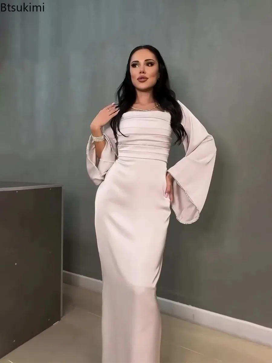 2025年 エレガントなレディース サテン マキシドレス 長袖 スクエアネック バンテージ ボディコン イブニングドレス ファッション レディース パーティー ベスティダオス 新作