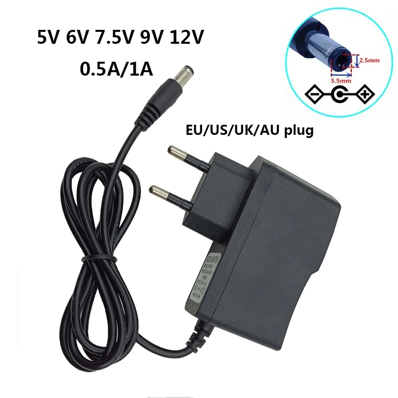 

Power Adapter AC DC 5V 6V 7.5V 9V 12V Step-down Power Supply UK AU US EU Source 9 Volt 0.5A 500mA 1A Conveter Adaptor 5.5x2.5m