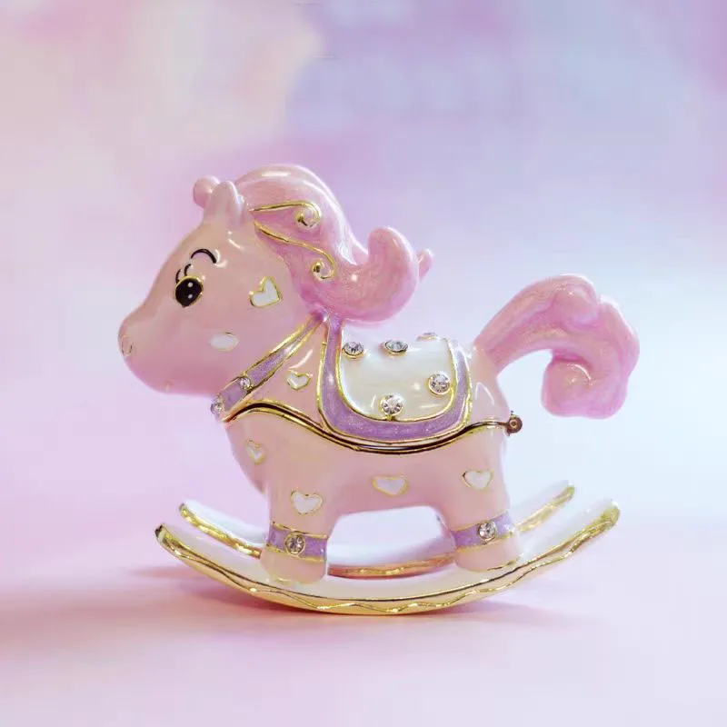 Kristal at figürinler dekor süs, pembe-beyaz emaye sallanan at heykelleri hayvan biblo mücevher kutusu menteşeli