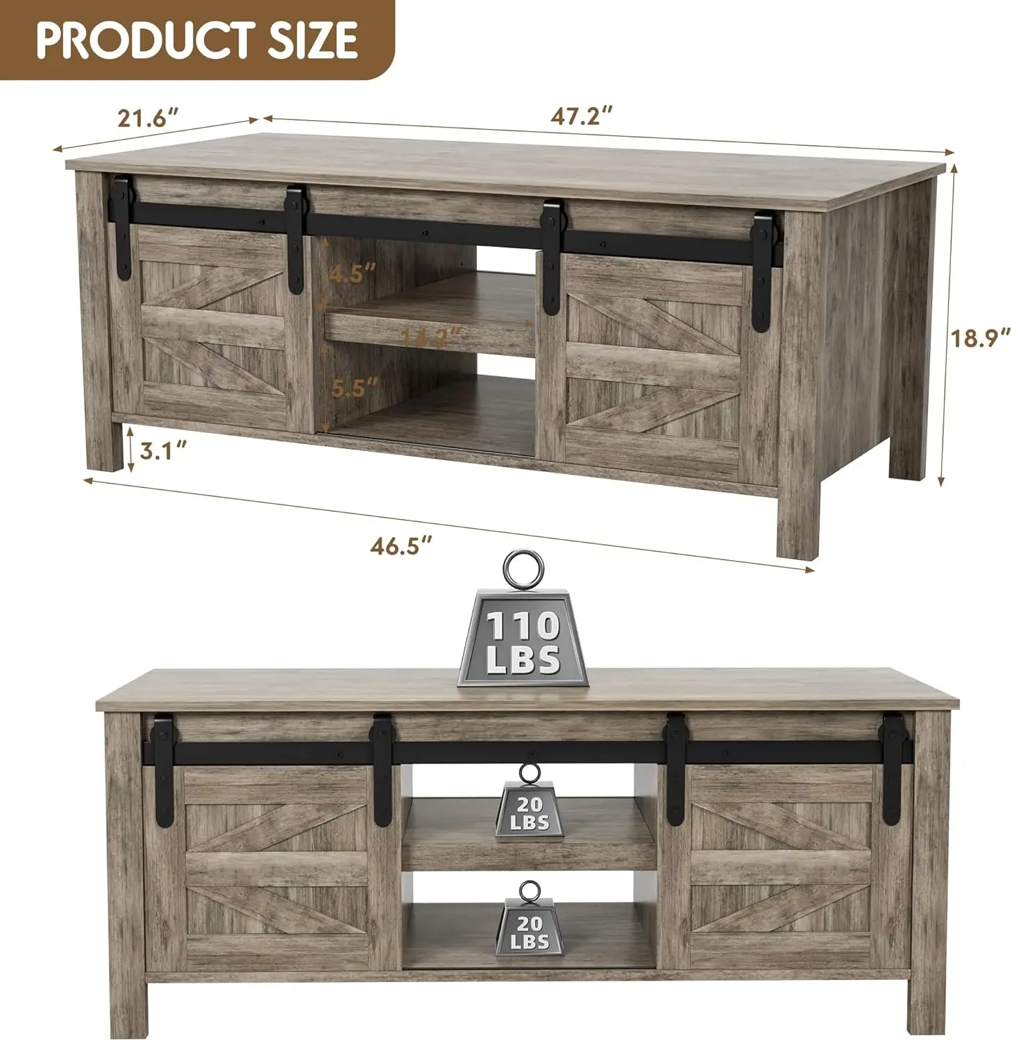 Farmhouse Coffee Table with Storage & Sliding Barn Doors, Modern Rustic Living Room Table with Adjustable Shelves