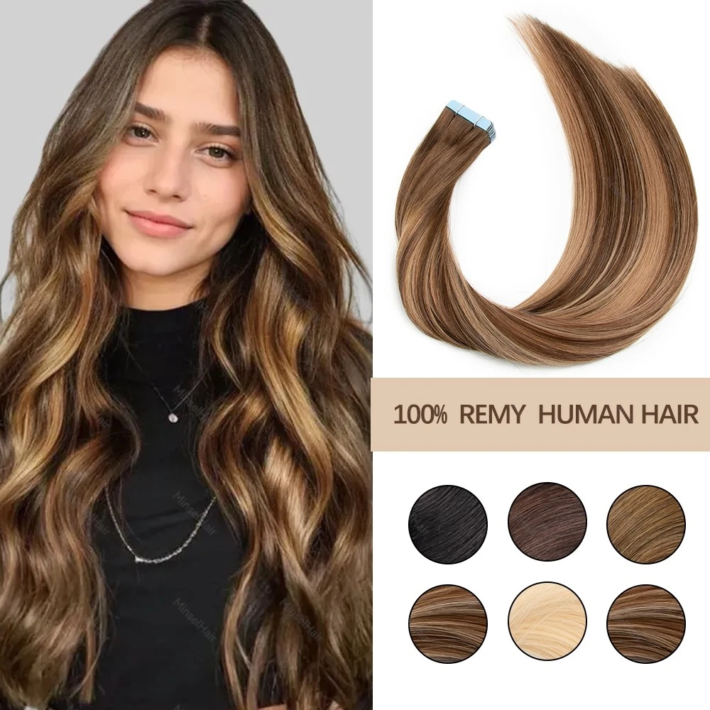 

European Hair Extension Balayage Ombre Tape in Extensions Human Hair Premium Remy Thick Ends Silky&Soft 20pcs 14-22inch 20/40pcs