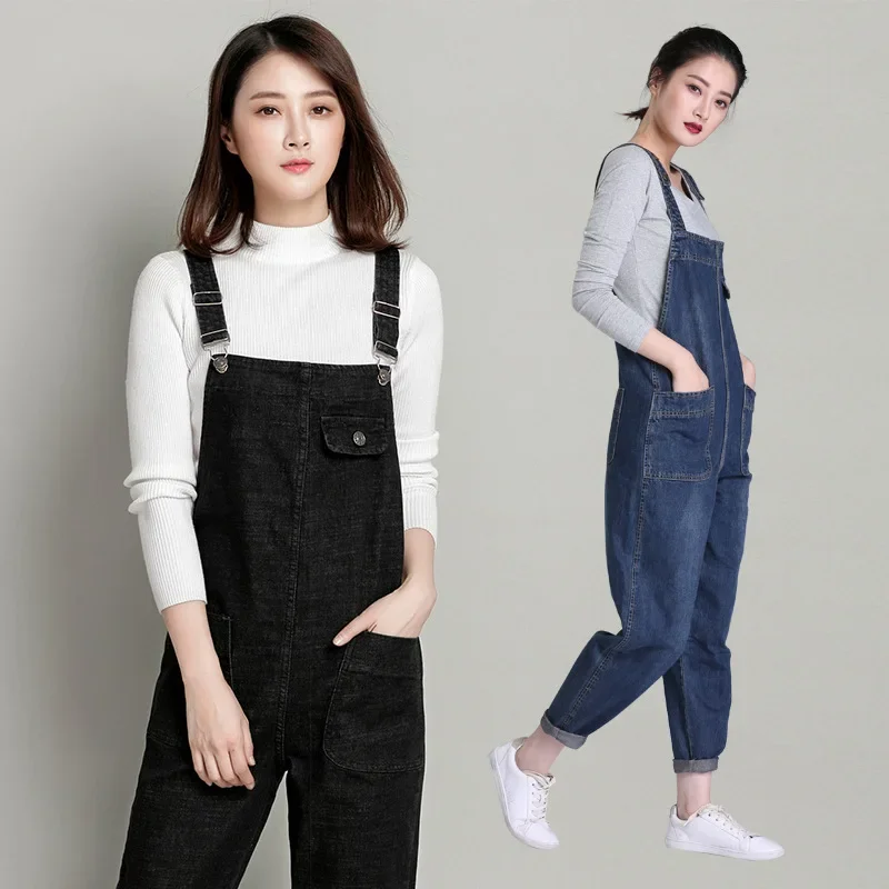 Jumpsuit polos longgar wanita, Jumpsuit kasual pinggang tinggi biru celana kaki lebar wanita 2024 Musim Semi Korea kantong jeans overall