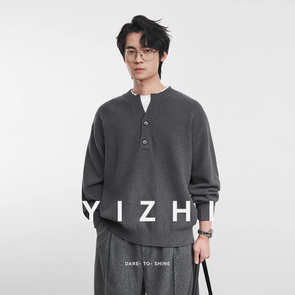 Fashion Men's Faux Two-Piece Knit Sweater with V-Neck and Button Design 2025 Winter New Versatile Top Pullover