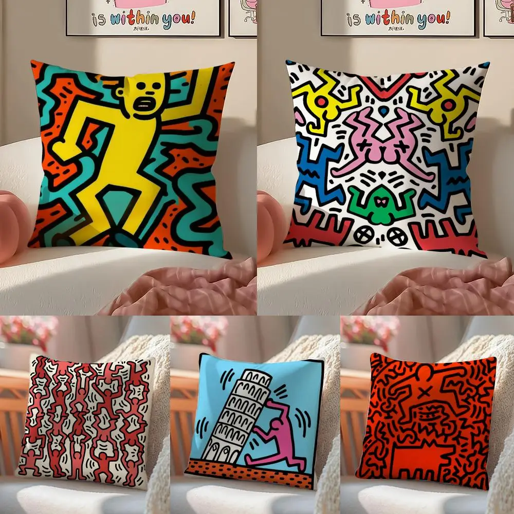 Funda de cojín del famoso artista K-Keith Haring, funda de almohada de felpa suave, cojín de sofá con estampado de doble cara, decoración del hogar de verano, regalo