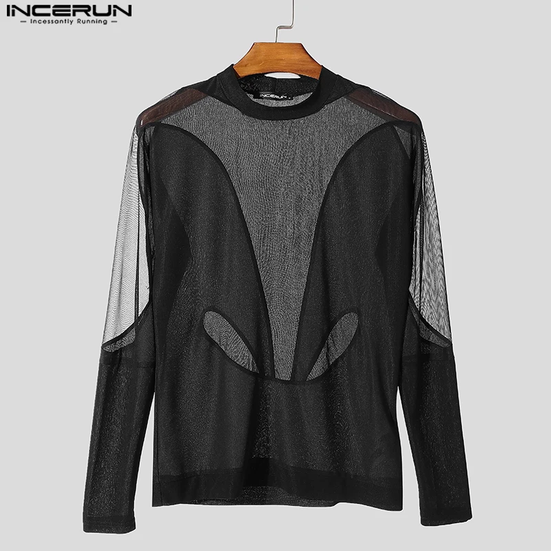 Sexy Casual Style Tops INCERUN 2024 New Men's O-neck Perspective Splicing T-shirts Stylish Male Long Sleeved Camiseta S-5XL 2024