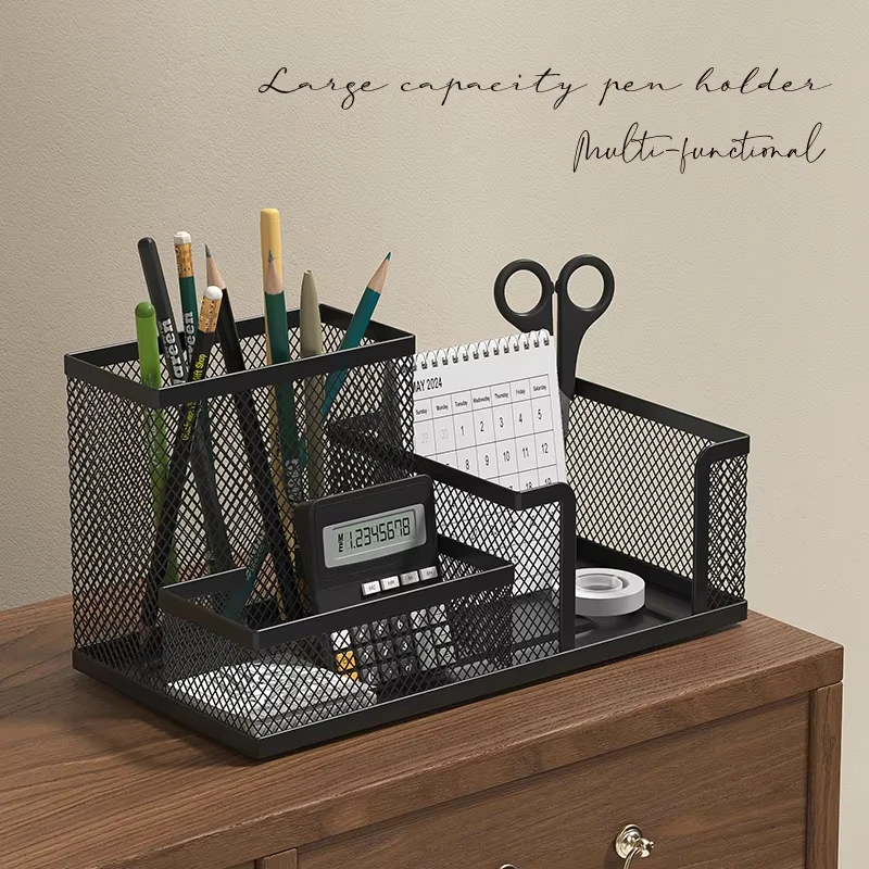 Organizador de mesa de malha, material de escritório, caddy com suporte de lápis e cestas de armazenamento para acessórios de mesa, 3 compartimentos, preto