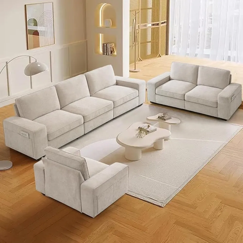 Modular Sofa Couch with Seats Storage, Comfy 3-Seater Chenille Fabric Couch for Living Room, Office, Apart W/Deep Seat,