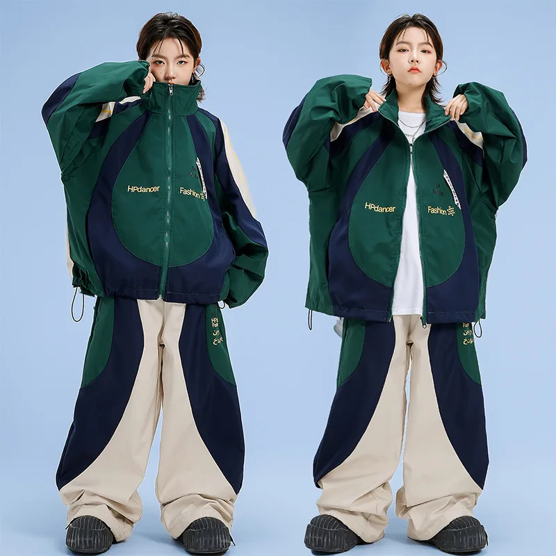 

Детская одежда в стиле хип-хоп Kpop, зеленая ветровка, бежевые повседневные широкие брюки с цветными блоками для девочек и мальчиков, костюм для уличных танцев, одежда