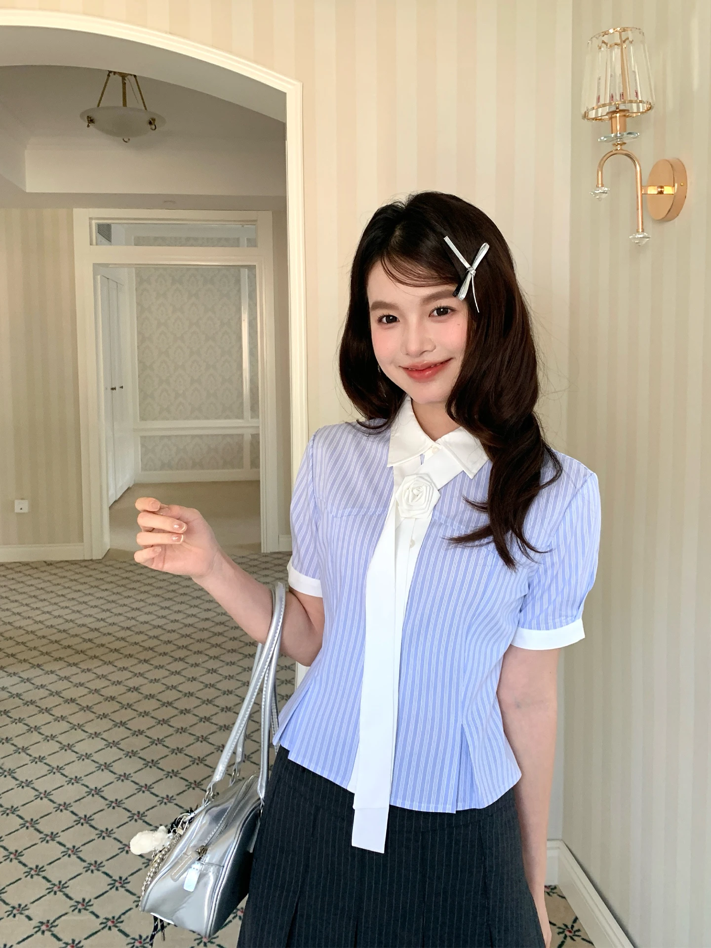 

Tokyo Annual Record JK Short Sleeve Shirt Women Summer Sweet School Uniform Style Blue Stripes Top Rose Promise Polyester Fiber