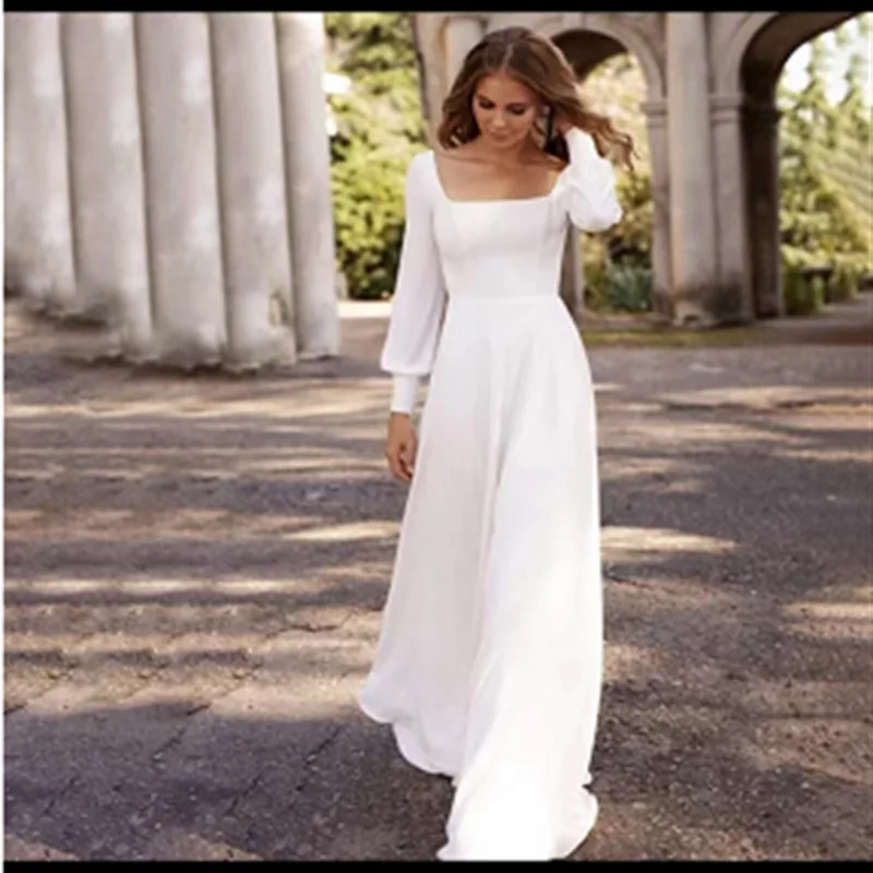 Satin light wedding dress fall new simple temperament long-sleeved super fairy travel shoot bride wedding white dresses