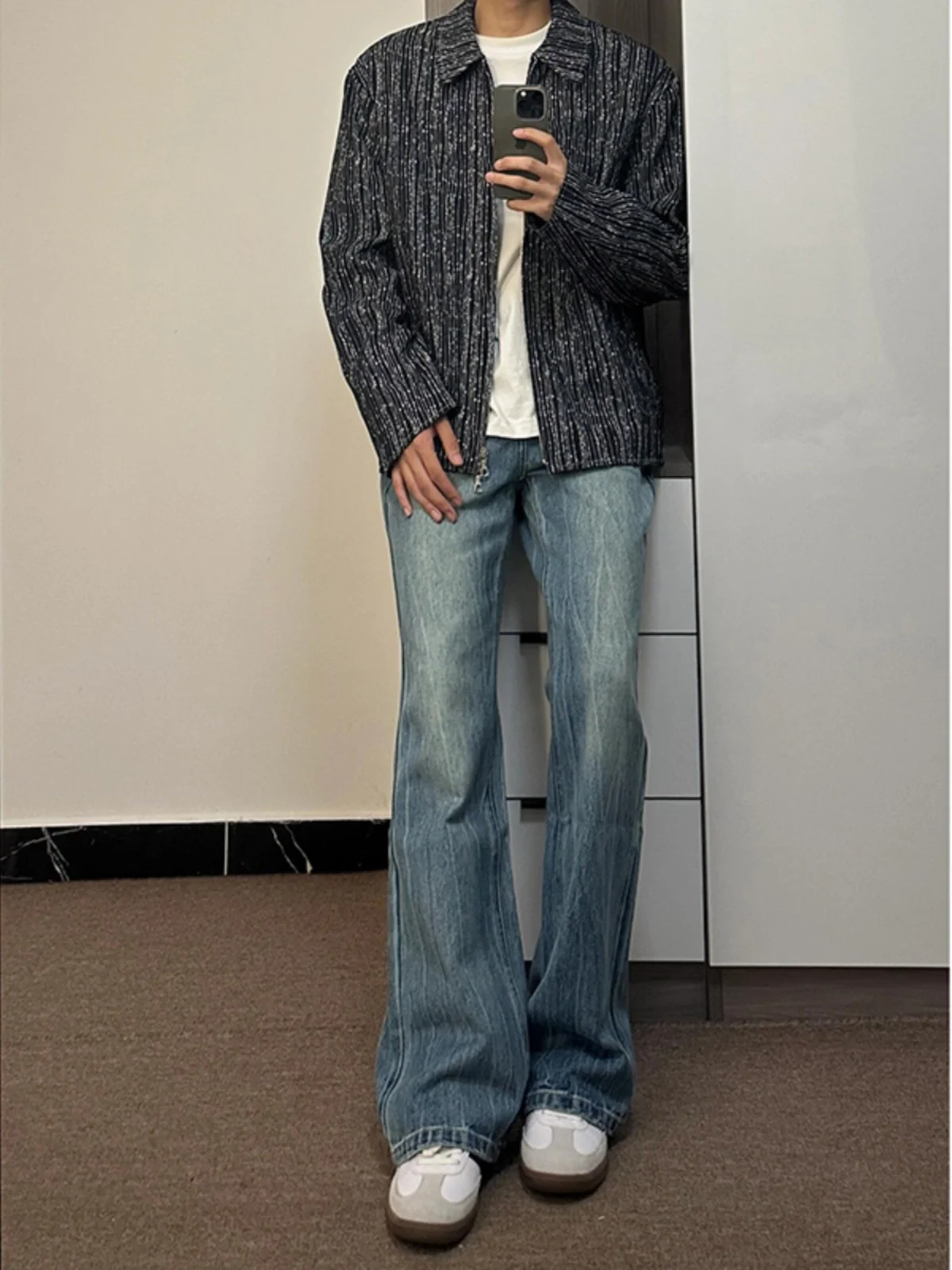 

Light Blue Lightning Pattern Men's Jeans High Waist Straight Leg American High Street Faion Autumn Trend Wear Resistant