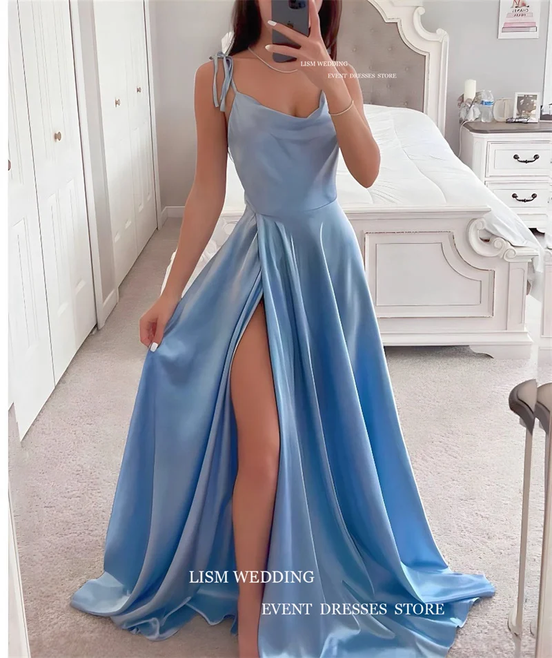 Lism sexy vermelho seda macio cetim vestidos de noite alta lado split com decote em v personalizado cinta de espaguete a linha formal vestido de festa