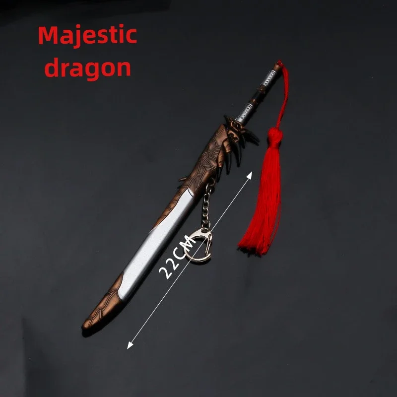 22cm/8.66in Monster Hunter urządzenia peryferyjne do gier męski ogień smok nóż brelok metalowy model broni miecz samurajski zabawka dla chłopców rzemiosło prezent