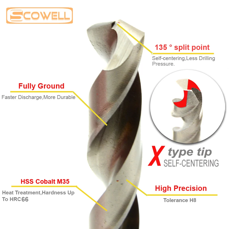 SCOWELL 13 Uds HCO M35 cobalto 5% vástago redondo brocas helicoidales Kit 1,5mm a 6,5mm punta dividida broca de perforación de acero inoxidable
