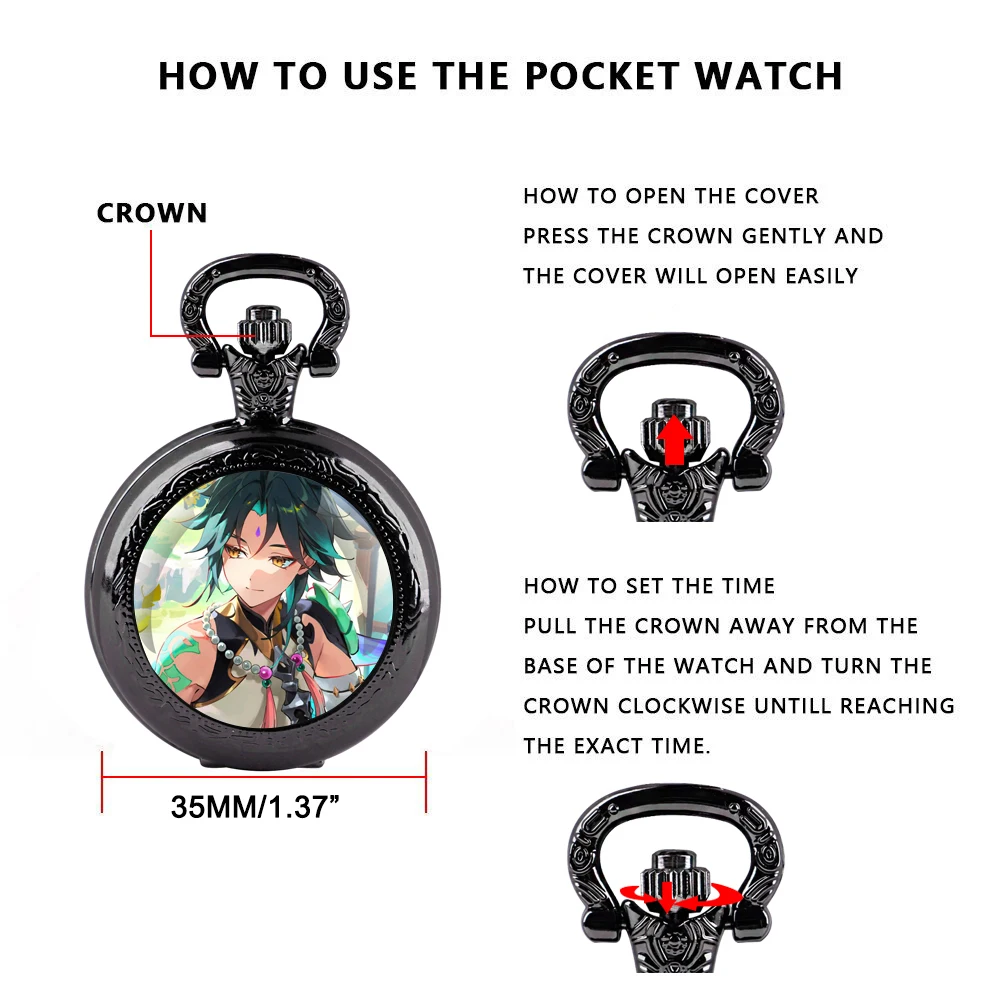 Glass Dome Quartz Pocket Watch With Durable Chain Arabic Numeral Dial Halloween Gifts for Men Women Kids