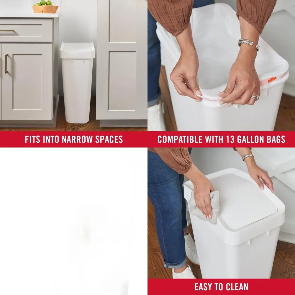 

Modern Slimline 12.2 Gallon Swing-Top Trash Can, Easy Access, White for Home Kitchen Use