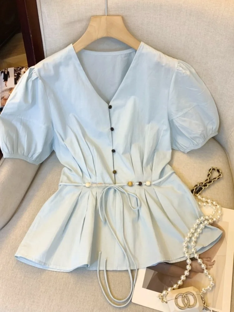 

Мятно-зеленая женская летняя молодежная блузка с V-образным вырезом, короткими рукавами-фонариками, из хлопка, в корейском стиле, для повседневной носки