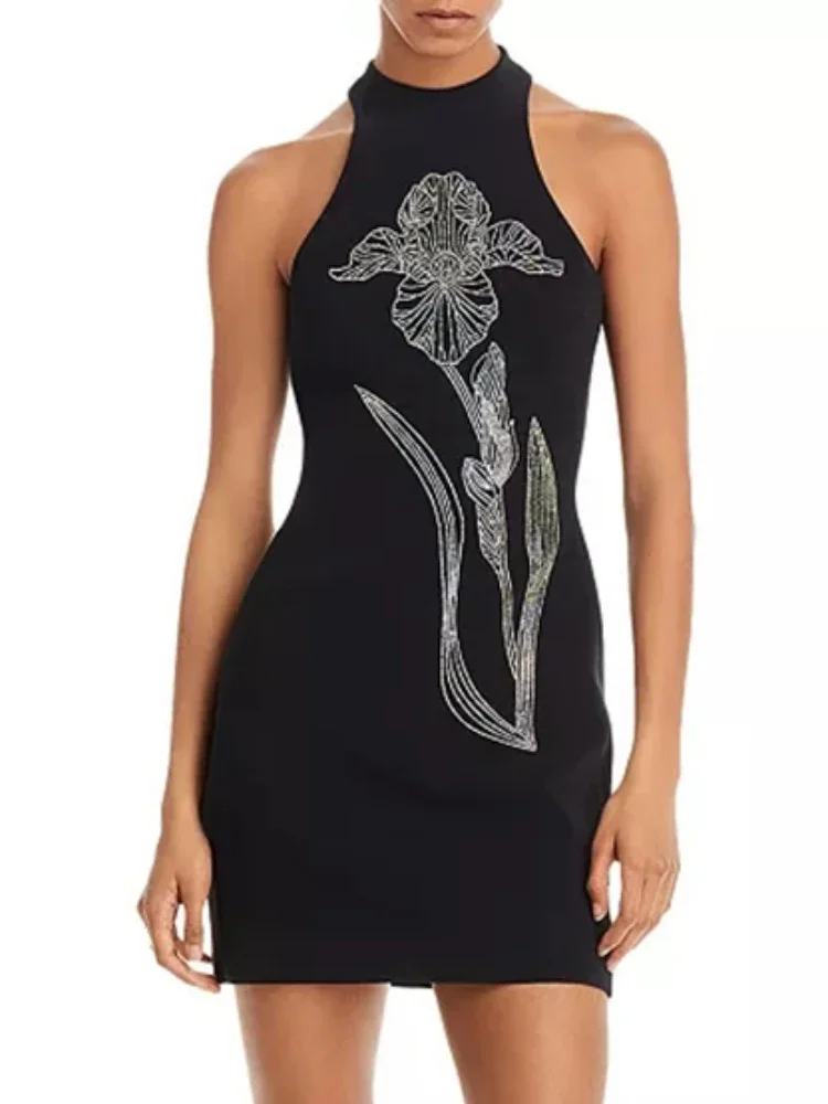 

Sexy Sleeveless Crystal Flower Bandage Dress Women Black O Neck Diamonds Floral Mini Bodycon Tank Dresses Celebrity Night Club