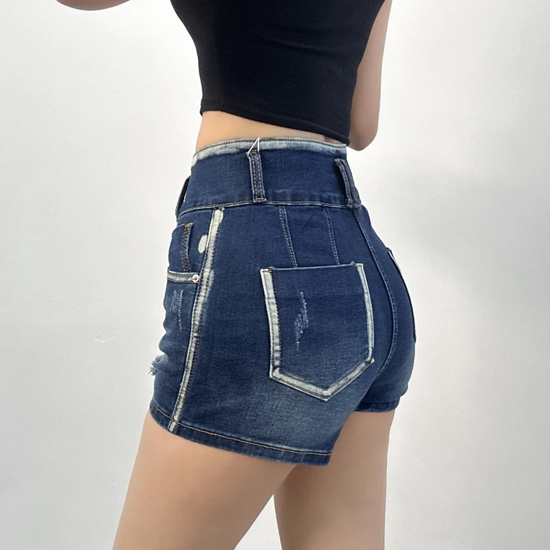 Shorts jeans lavados para meninas, cintura alta, três botões, fino, embrulhe as nádegas, buraco rasgado, moda sexy, verão, 200Q, 2024