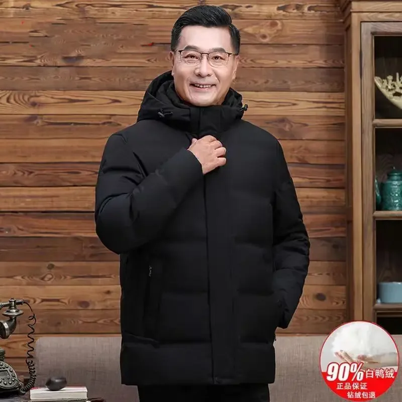 Down Jacket Winter Dad Thick Large Size Middle-aged and Elderly Men White Duck Down Middle-aged Warm Coat Can Be Detachable Cap