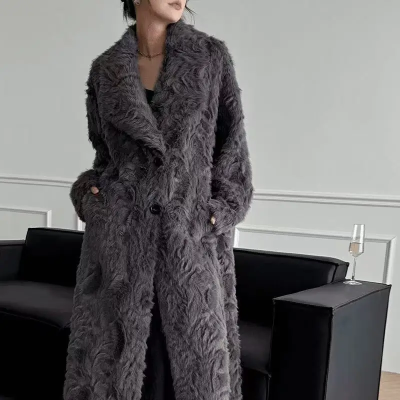 معطف نسائي شتاء 2025 جديد فضفاض بلون معطف فرو خروف فرو متكامل فضفاض دافئ بحيرة صغيرة الأغنام الركبة معطف طويل WLF #5