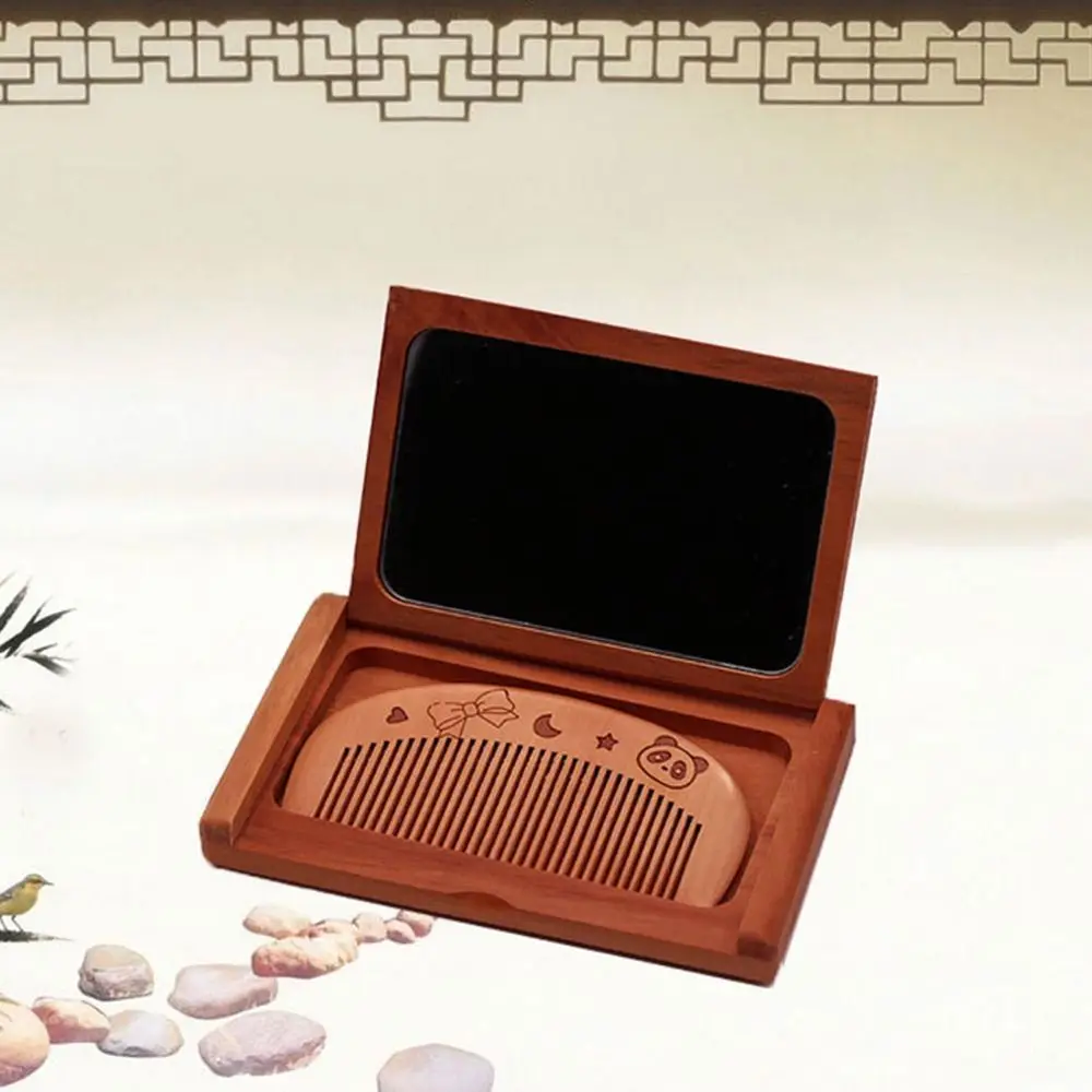 Juego de espejos de peine de madera duraderos 2 en 1, Mini espejo plegable portátil de madera de melocotón, diseño tallado, espejo de maquillaje de mano para chica y mujer