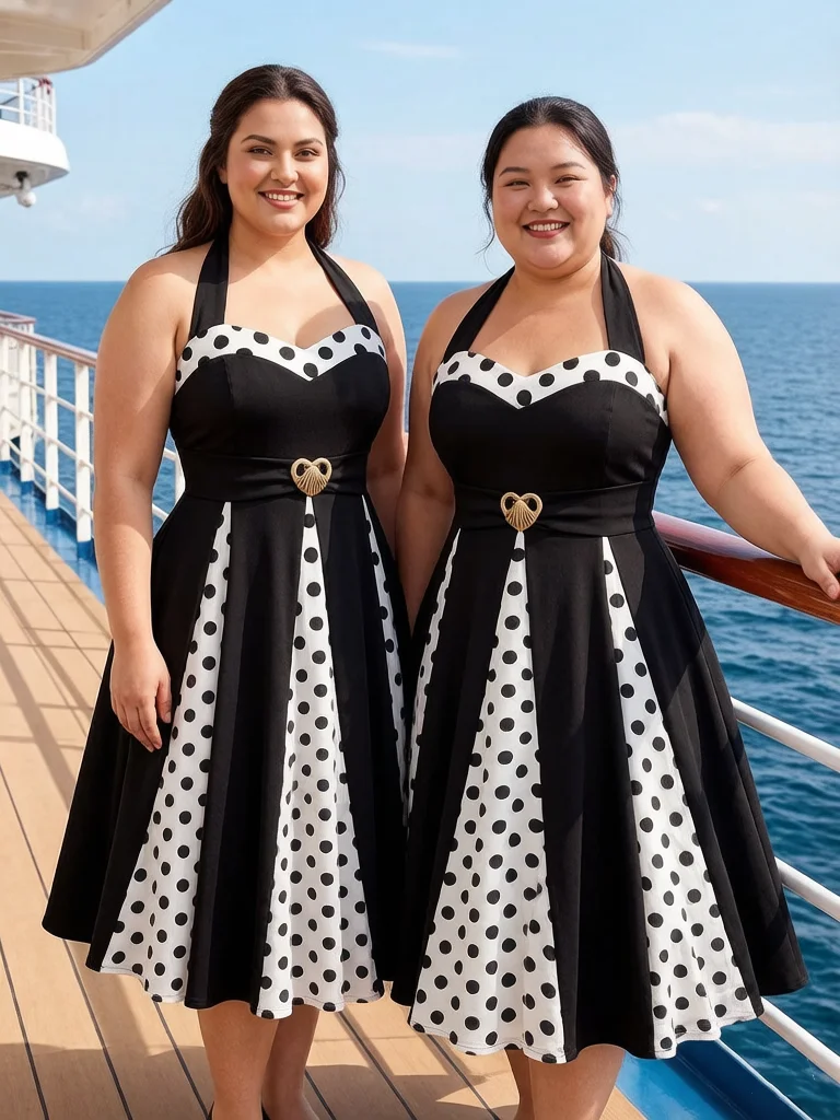 Plus Size Women Dress Vintage 1950s Polka Dot Print Halter Neck Sleeveless Heart Buckle Waist Swing Casual Party Flared Dresses