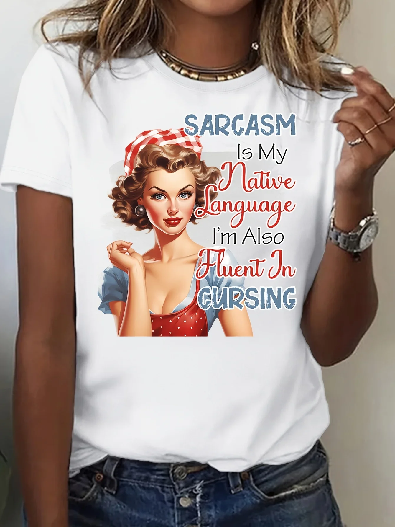 Camiseta de talla grande estilo informal Sarcasm is My Native Language para mujer, suave, transpirable con ilustración vintage, cuello redondo informal