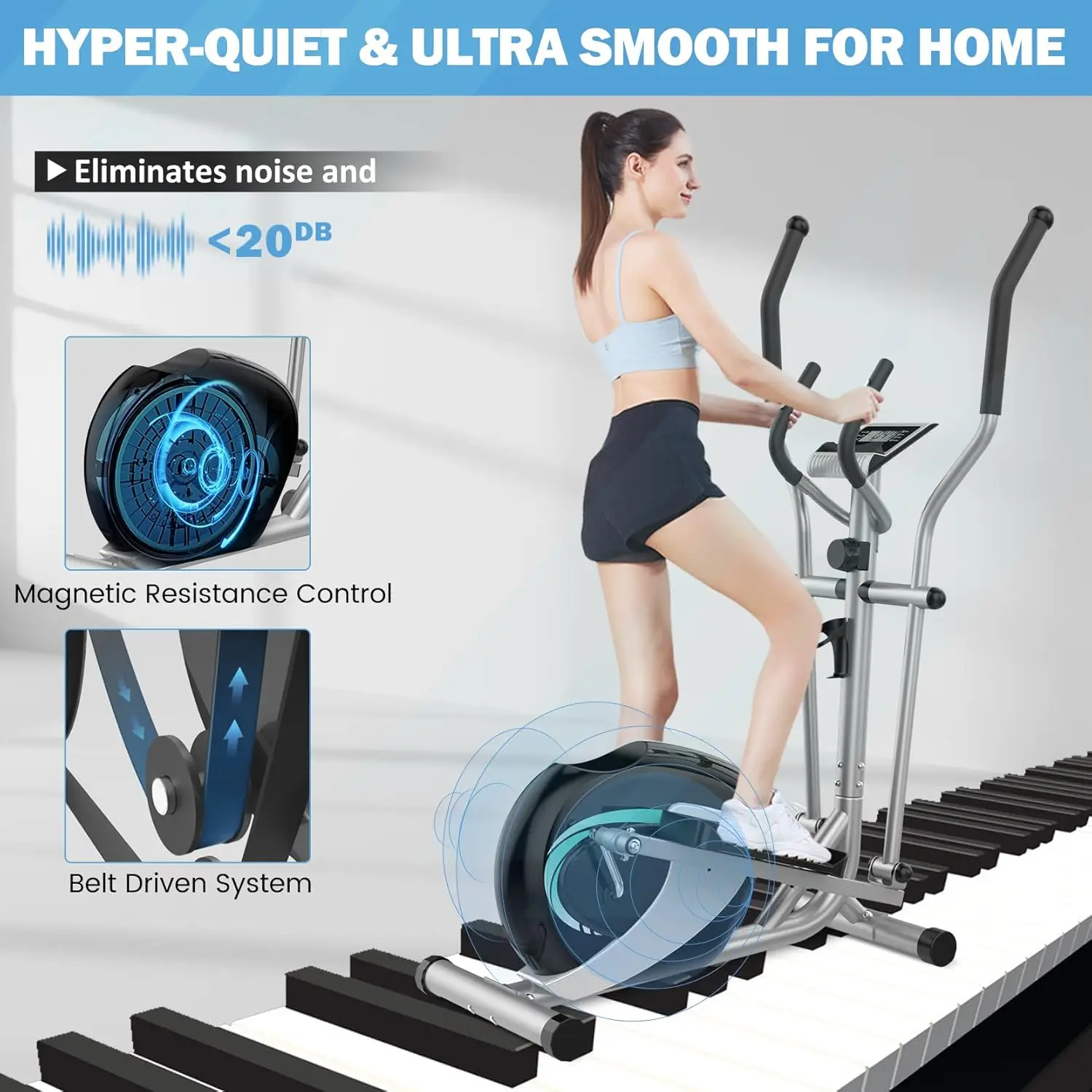 Magnetic Elliptical Training Machines, Hyper-Quiet Fitness Cardio Elliptical Trainer w/ 6KG Flywheel