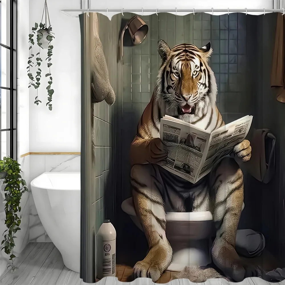 Funny Tiger Toilet Reading Shower Curtain, Bathroom Decorative Shower Curtain, Waterproof Shower Curtain with Hooks