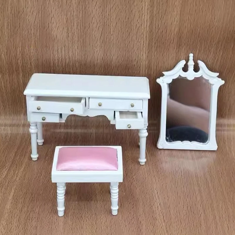 1Set 1:12 Dollhouse Simulation Dressing Table Makeup Mirror W/Stool Model Kit Doll House Bedroom Furniture Micro Scene Prop