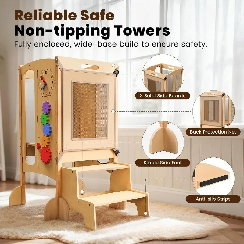 Wooden Children's Learning Tower Foldable Footstool with Blackboard Children's Stool Solid Wood Children's Washing Step Stool