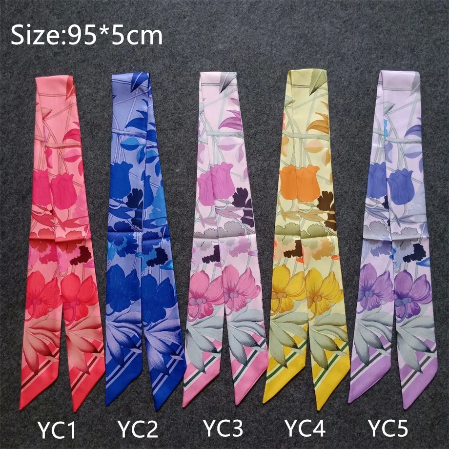 Tulips Floral New Design Silk Scarf 2024 Brand Scarf Women Skinny Bag Hair Neck Scarf Foulard Femme Headband For Ladies