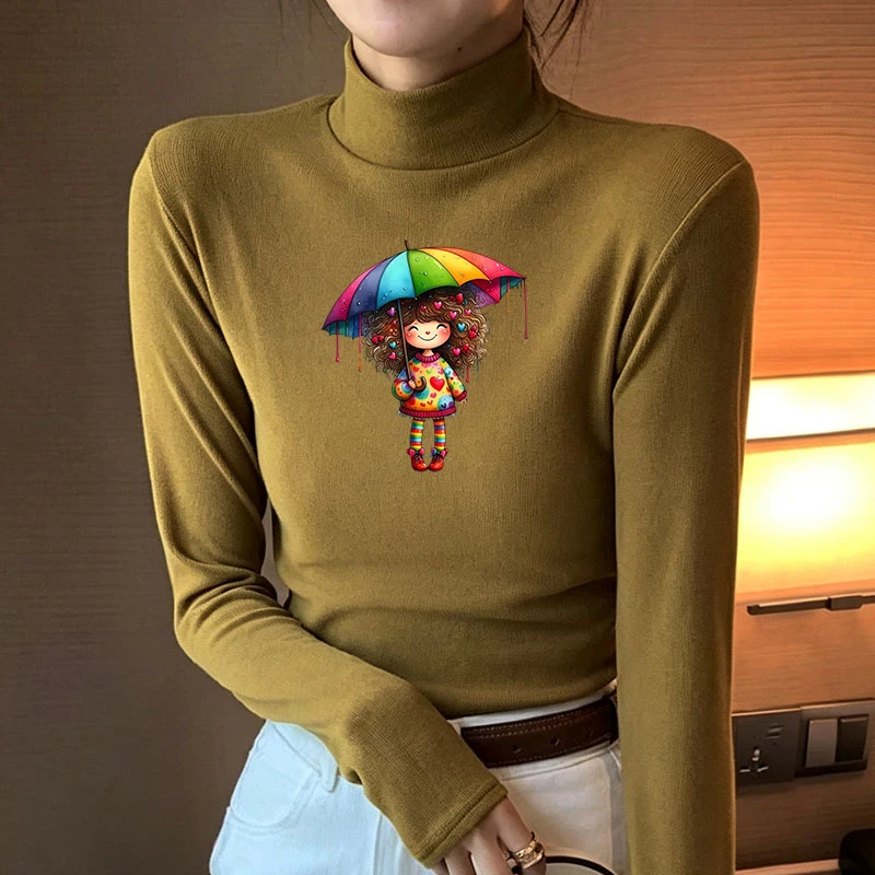 Winter Women's Thermal Brushed Fleece Half Mock Neck Long Sleeve T Shirt Rainbow Umbrella Girl Standing Smile Graphic Warm Tee