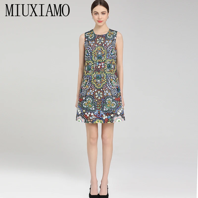 

MIUXIMAO 2022 Spring/Summer Women's Clothing O-Neck Sleeveless Slim Waist Four Side Bullet Dress Fashion Elegant Chinese Style