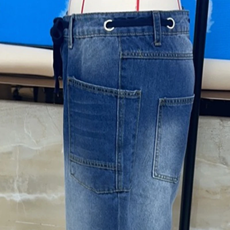 

Women's Denim Pants Fashionable Casual High Waist Drawstring Striped Jean with Pockets