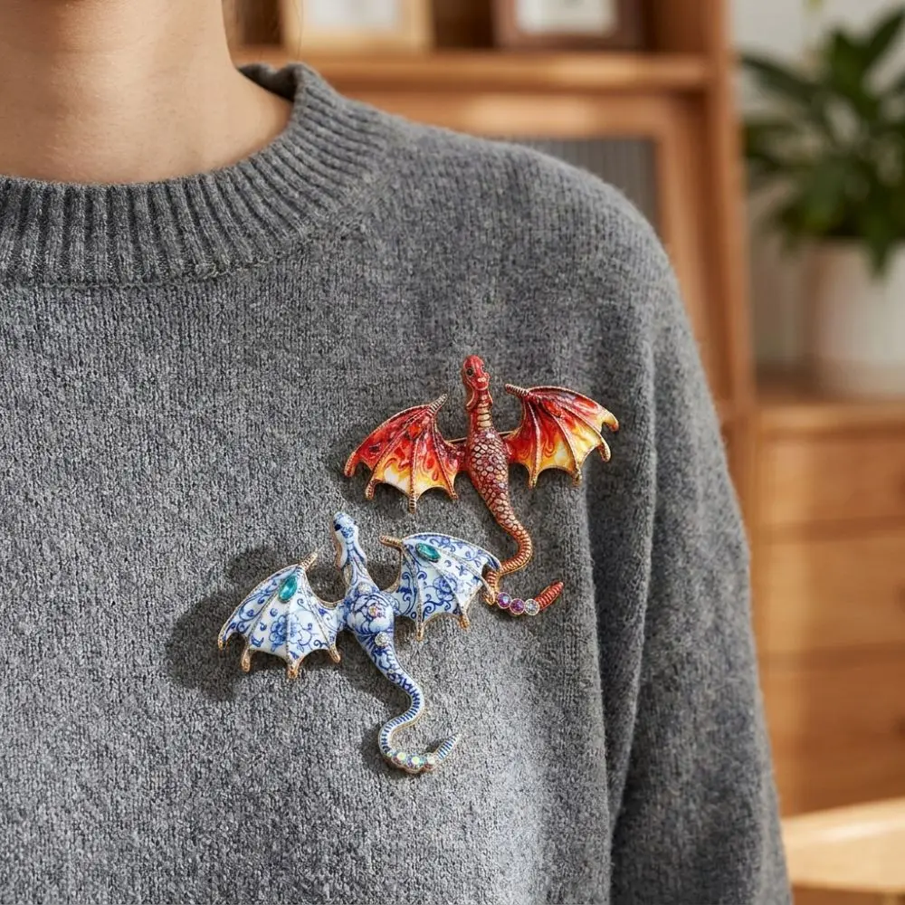 Zinc Alloy Enamel Flying Dragon Brooch Fantasy Dragon Colorful Rhinestone Animal Dragon Brooch Gothic Chinese Blue Porcelain