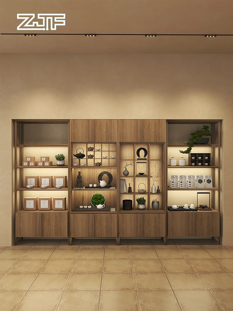 

Tea shop display cabinet, tea set combination display rack, tea club with light simple display rack