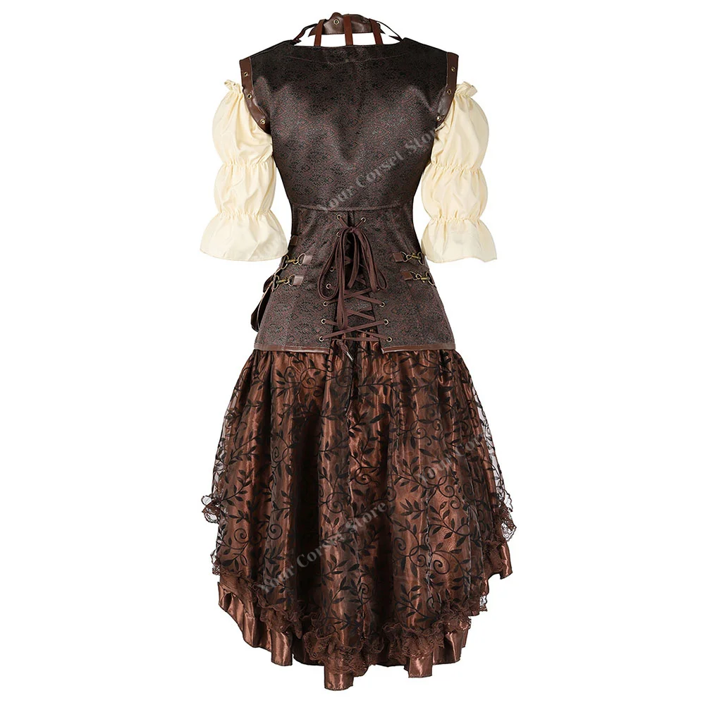 Steampunk Corset Dress Pirate Costume Vintage Renaissance Blouse Women Brown Pirate Corset Dress Plus Size Viking Costume Skirt