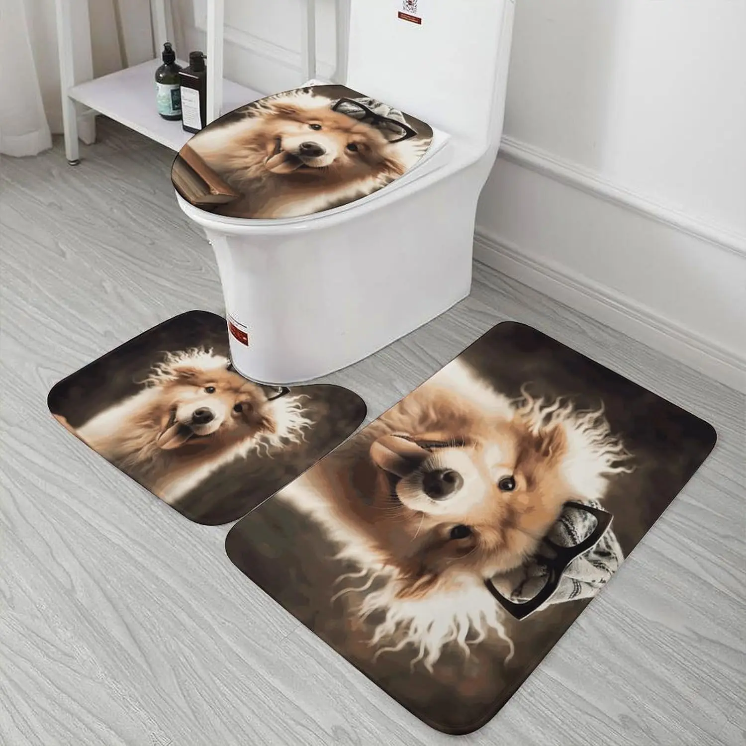 3 Piece Bath Rug Set Non Slip Absorbent Bath Mat Contour Mat with Toilet Lid Cover Funny Animal Dog Soft Floor Mats for