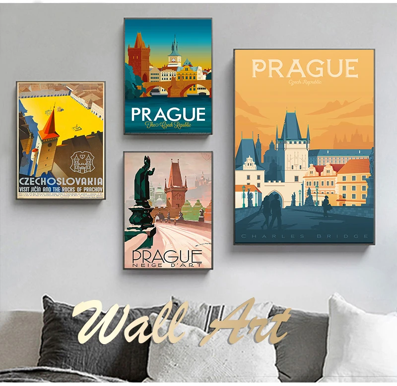 Paintings Vintage Travel Wall Kraft Posters Coated Wall Stickers Home Decoration Gift Visit Czech Republic Prague Canvas